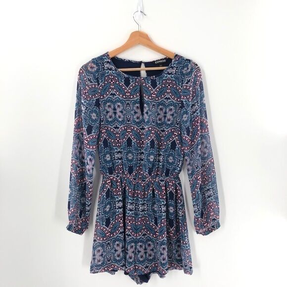 Express Paisley Print Keyhole Long Sleeve Romper Size XS - Picture 1 of 10